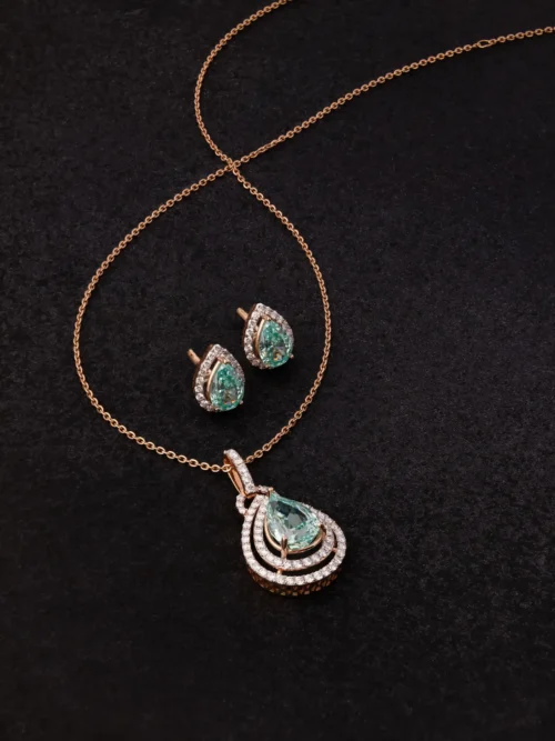 Rose Gold Teardrop Halo Designer Pendant Set