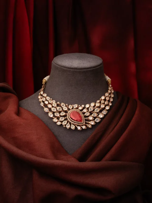 Gold Tone Red Stone Choker Set