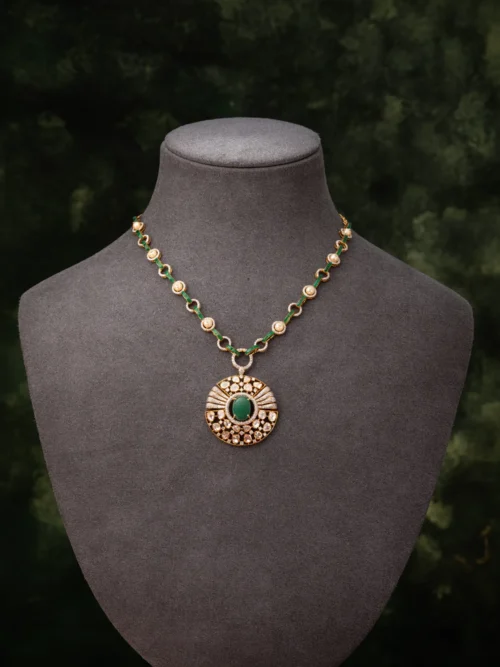 Gold Tone Green Pendant Necklace Set