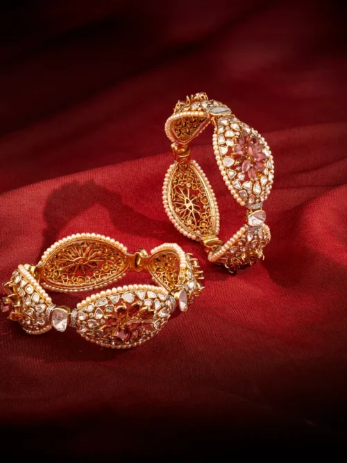 Royal Pearl & Pink Floral Kada Bangle Pair