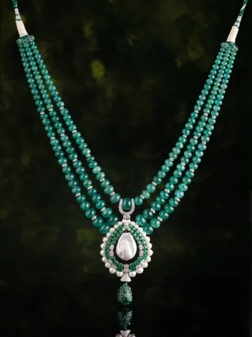 Green Bead & Pearl Necklace Set