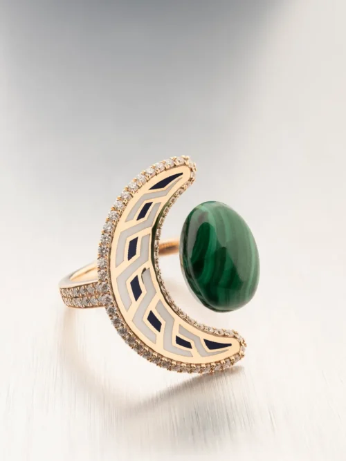 Crescent Enamel Statement Ring with Green Cabochon