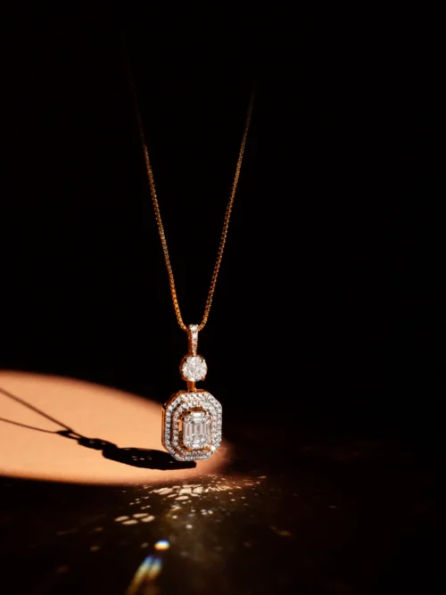 Emerald-Cut Geometric Halo Pendant Necklace